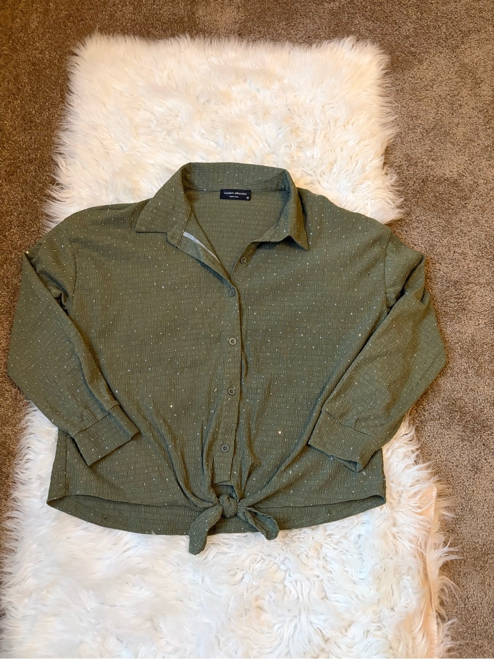 Olive Green Button Front Tie Hem Metallic Sparkle Top